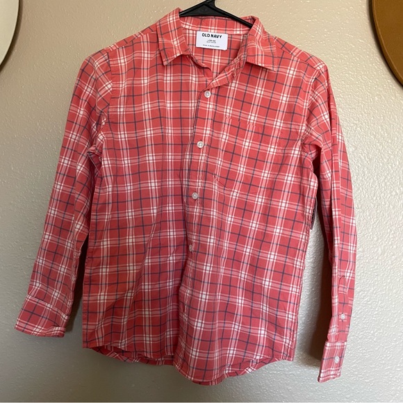 Brand New - NWT Old Navy Boy’s Classic Fit Salmon Button-down Plaid Shirt - Picture 1 of 7